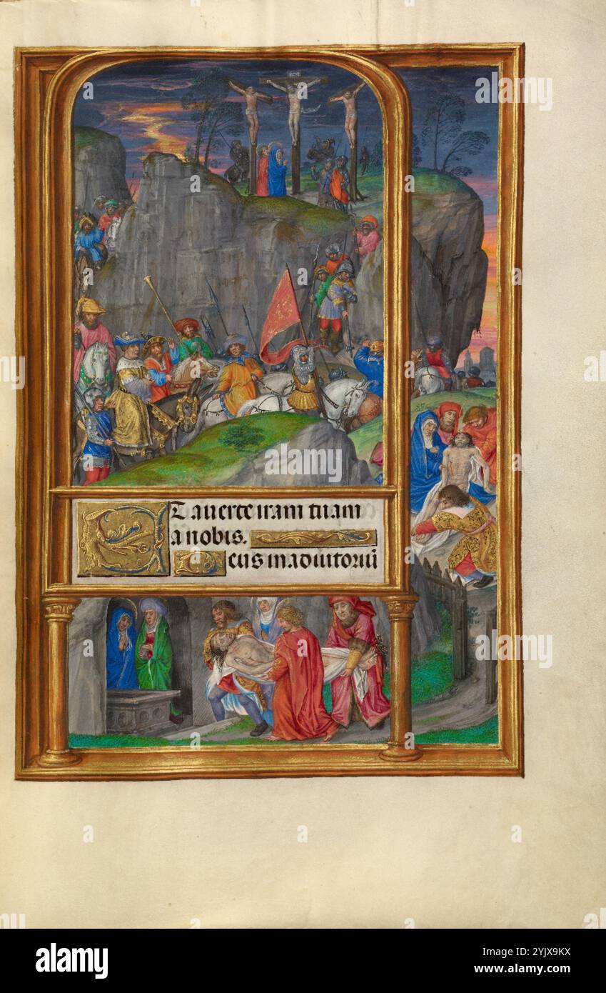 La Crucifixion ; Spinola Hours, vers 1510-1520. Informations supplémentaires:le récit de la Crucifixion se déroule dans un paysage dramatique, avec l'image principale une vue du sommet de la colline qui sert de cadre à la Crucifixion. Un cortège de soldats et de fonctionnaires romains quittant la colline remplit une grande partie de la page et continue jusqu'à la frontière, où la ville de Jérusalem peut être vue au loin à l'extrême droite. La scène suivante de la Lamentation apparaît à droite, suivie de la Entombment enfermée dans l'espace sous le panneau de texte. Banque D'Images