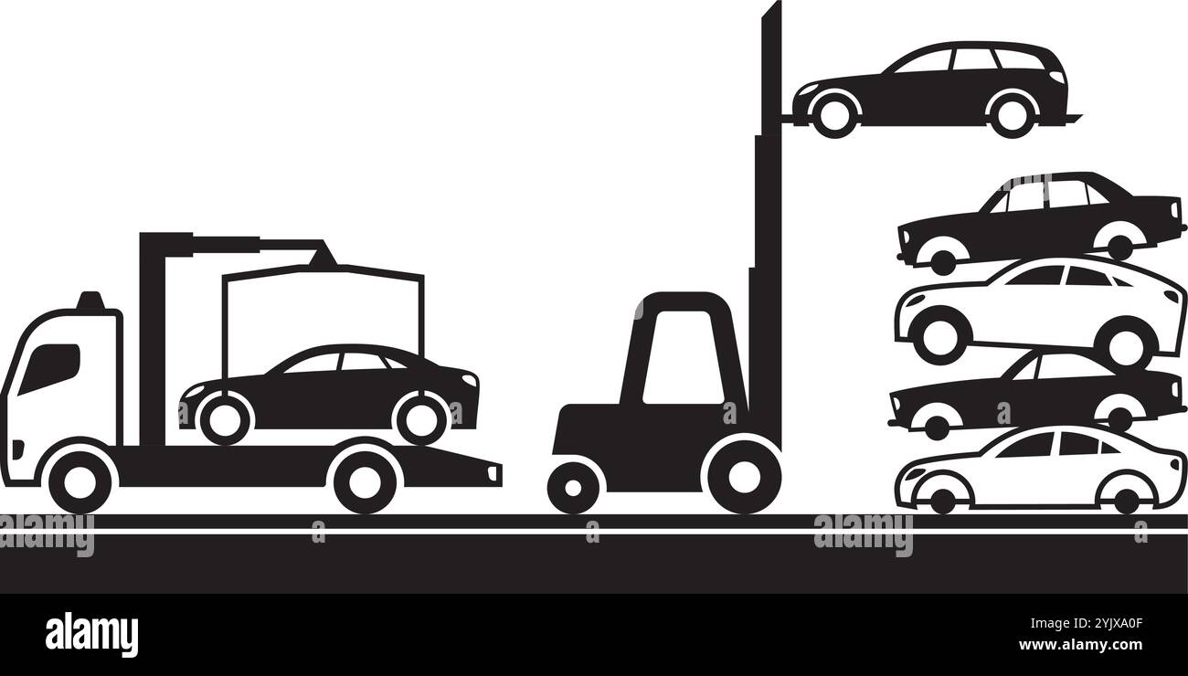 Dépanneuse transportant une voiture à la cour de ferraille – illustration vectorielle Illustration de Vecteur