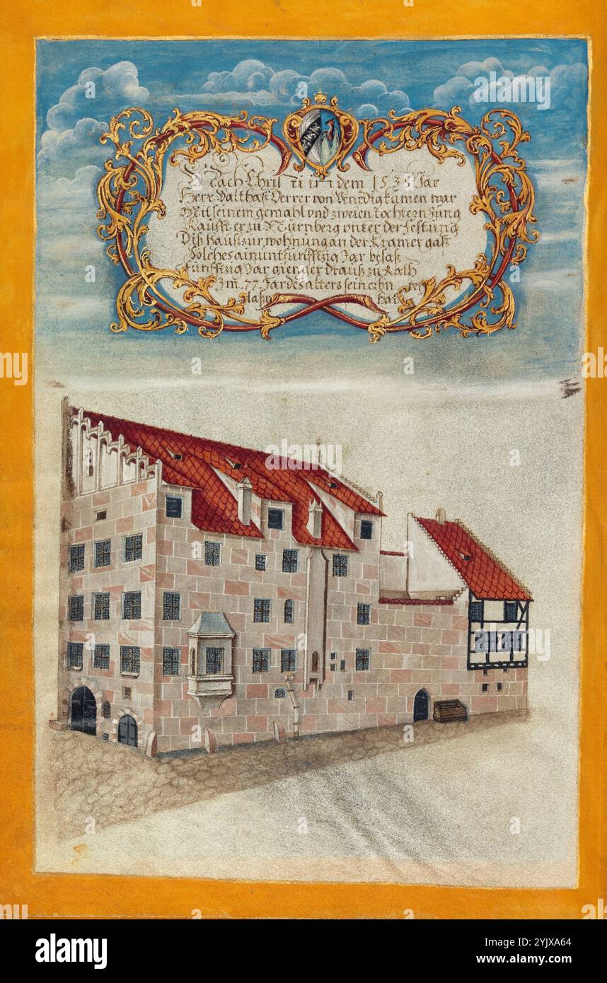 La résidence de Nuremberg de la famille Derrer, vers 1626-1711. Informations complémentaires:cette image d'un imposant domaine à Nuremberg, en Allemagne, apparaît à la fin d'une série de portraits de famille Derrer dans leur généalogie illustrée. La maison affiche la construction à ossature de bois à colombages communément trouvée dans l'architecture allemande à partir du XIIe siècle. Cette trace visuelle de l'une des maisons impressionnantes des Derrers était un moyen efficace de préserver la réputation de la famille longtemps après la mort de ses membres et le remodelage ultérieur de leurs bâtiments. Généalogie de la famille Derrer. Banque D'Images