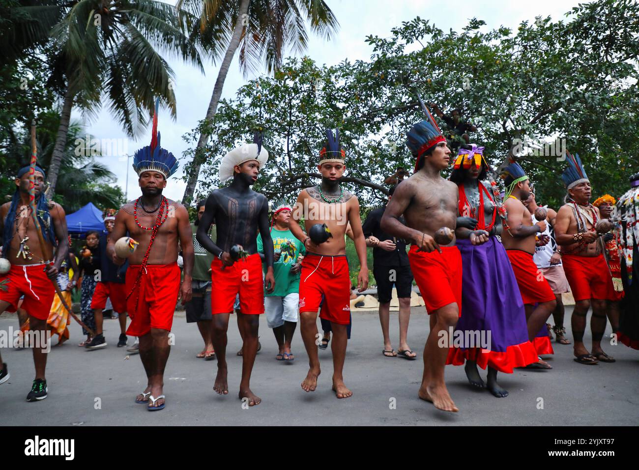 Les Guajajara dansent des danses traditionnelles pendant le rituel Wyrau'haw dans le village indigène Maracan„ à Rio de Janeiro. Parmi les indigènes Guajajara, la célébration Wyrau'Haw est un rite de passage à la féminité dédié aux adolescentes au moment de leurs premières menstruations. Le village indigène Maracan„ est situé au Brésil, à côté du célèbre stade de football Maracan„ de Rio de Janeiro, ce qui rend le terrain attrayant pour les promoteurs immobiliers. Un groupe d’activistes indigènes qui s’y sont installés en 2006 se battent pour rester et défendre ce territoire. Sur le tarmac, au milieu des bâtiments, t Banque D'Images