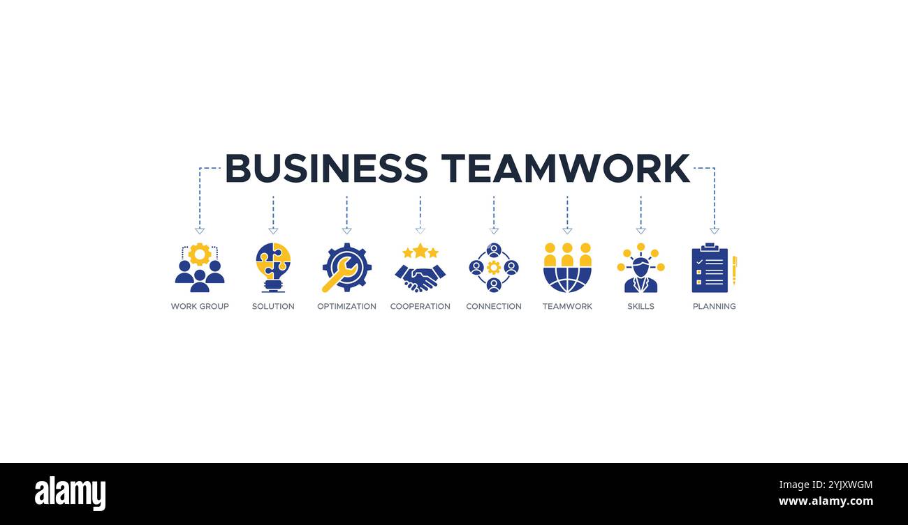 Concept d'illustration vectorielle d'icône Web de bannière de travail d'équipe d'affaires avec icône de groupe de travail, solution, optimisation, coopération, connexion, travail d'équipe Illustration de Vecteur