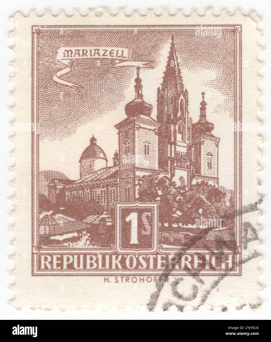 AUTRICHE - 1957 octobre 25 : 1 timbre-poste sombre de sienne représentant la basilique de Mariazell. Mariazell, ville du sud-est de la Styrie, bien connue pour être un centre de sports d'hiver et une destination de pèlerinage, est située à 143 kilomètres (89 miles) au nord de Graz. Il est situé dans la vallée de la Salza, au milieu des Alpes styriennes du nord Banque D'Images