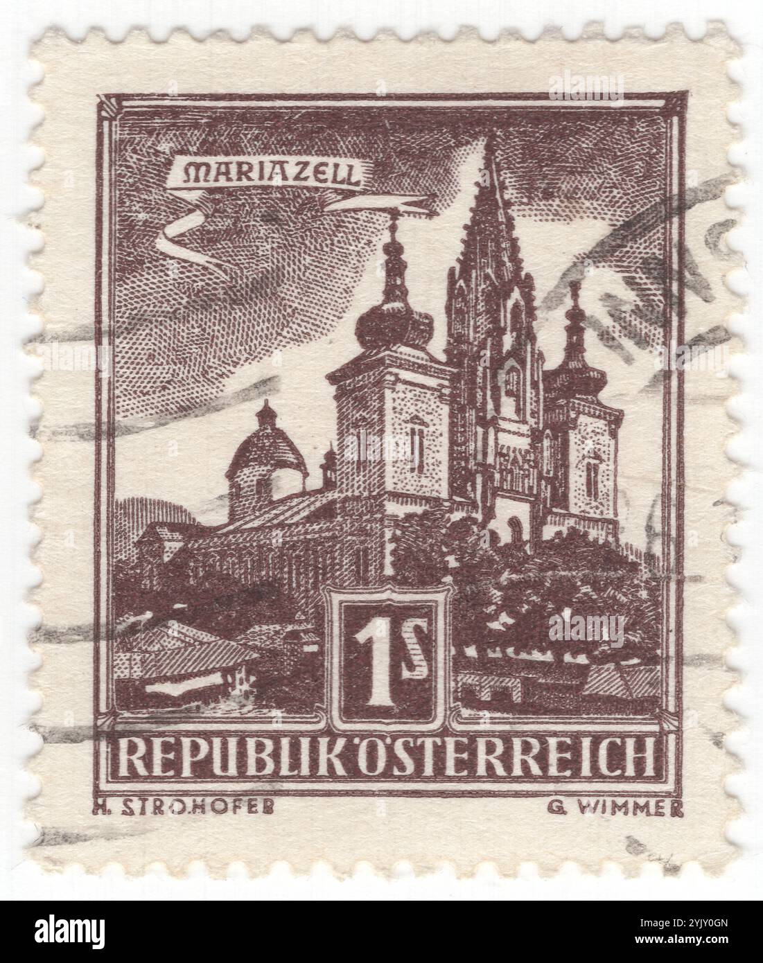 AUTRICHE - 1959 janvier : 1 timbre-poste en chocolat représentant la basilique de Mariazell. Mariazell, ville du sud-est de la Styrie, bien connue pour être un centre de sports d'hiver et une destination de pèlerinage, est située à 143 kilomètres (89 miles) au nord de Graz. Il est situé dans la vallée de la Salza, au milieu des Alpes styriennes du nord Banque D'Images