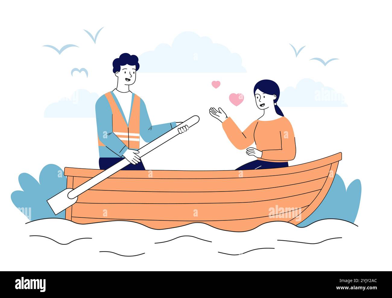 Couple sur bateau. Homme et femme sur bateau en bois dans la rivière ou la mer. Rendez-vous romantique à l'extérieur. Amour et romance. Loisirs et loisirs. Vecteur linéaire Illustration de Vecteur