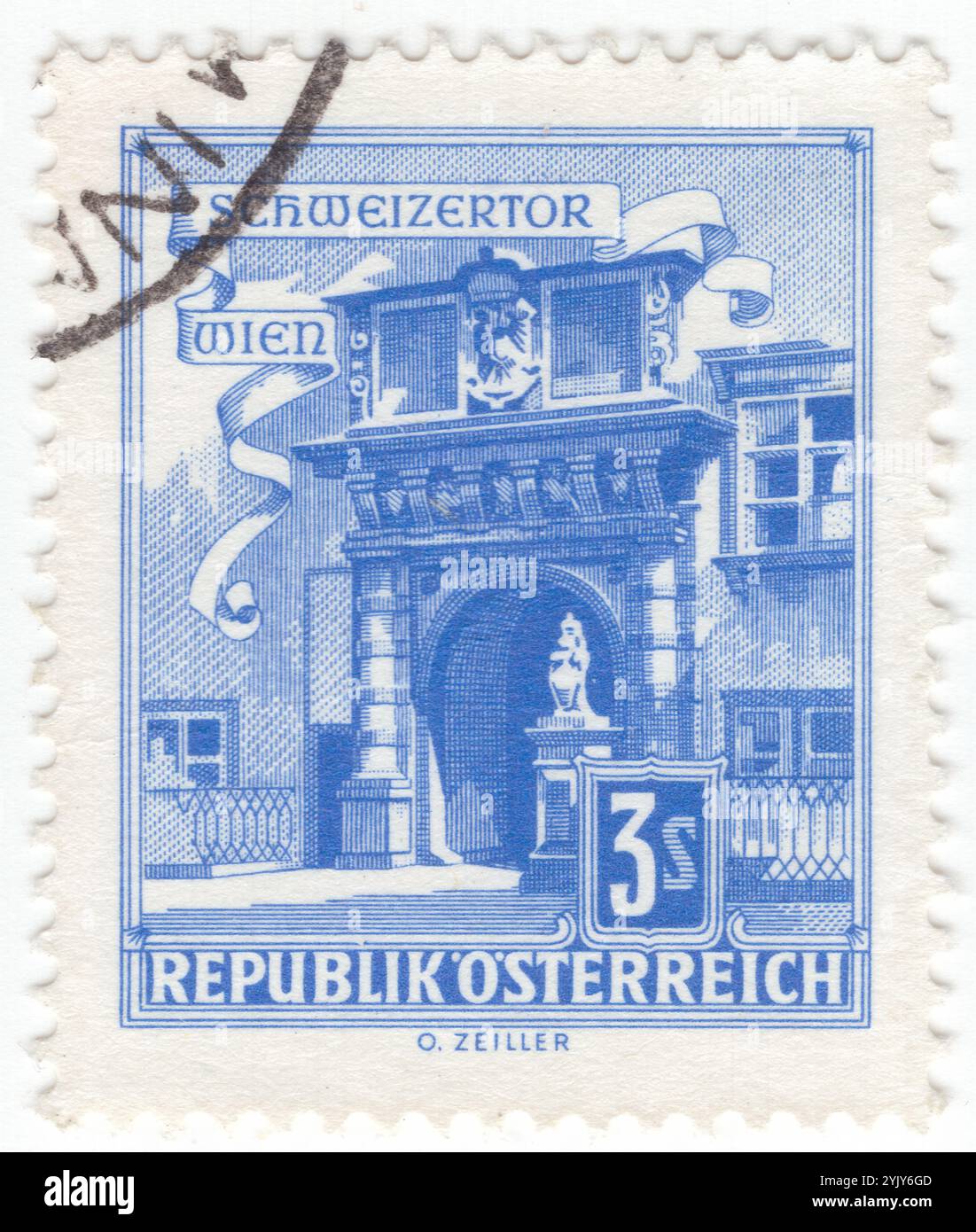 AUTRICHE - 1962 novembre 2009 : timbre-poste bleu vif de 3 shillings représentant la porte suisse de Hofburg, ancien palais impérial principal de la dynastie des Habsbourg. Situé dans le centre de Vienne, il a été construit en 1552-1553 par Pietro Ferrabosco et agrandi plusieurs fois par la suite. Il mène au chantier suisse de la Hofburg de Vienne. Il a également servi de résidence d'hiver impériale, comme le palais de Schönbrunn était la résidence d'été. Depuis 1946, il est la résidence officielle et le lieu de travail du président de l'Autriche Banque D'Images