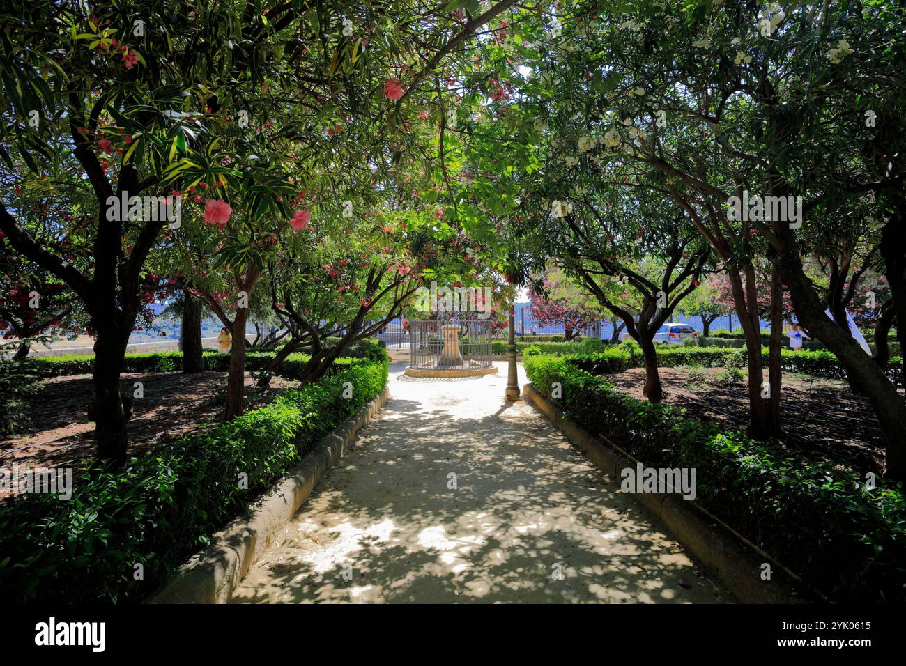 Vue à travers les jardins dédiés au peintre japonais Miki Haruta, ville de Ronda, Andalousie, Espagne, Europe Banque D'Images
