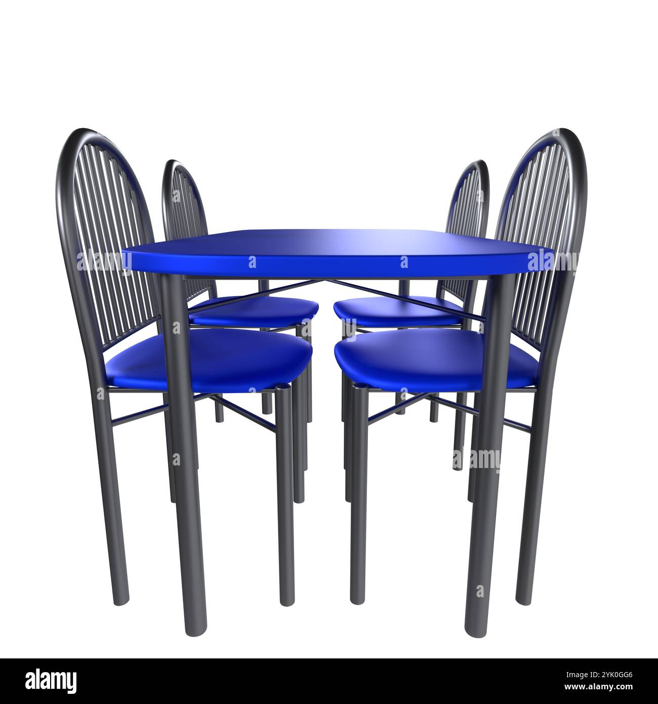 Une table à manger contemporaine avec quatre chaises bleues assorties disposées soigneusement. Banque D'Images