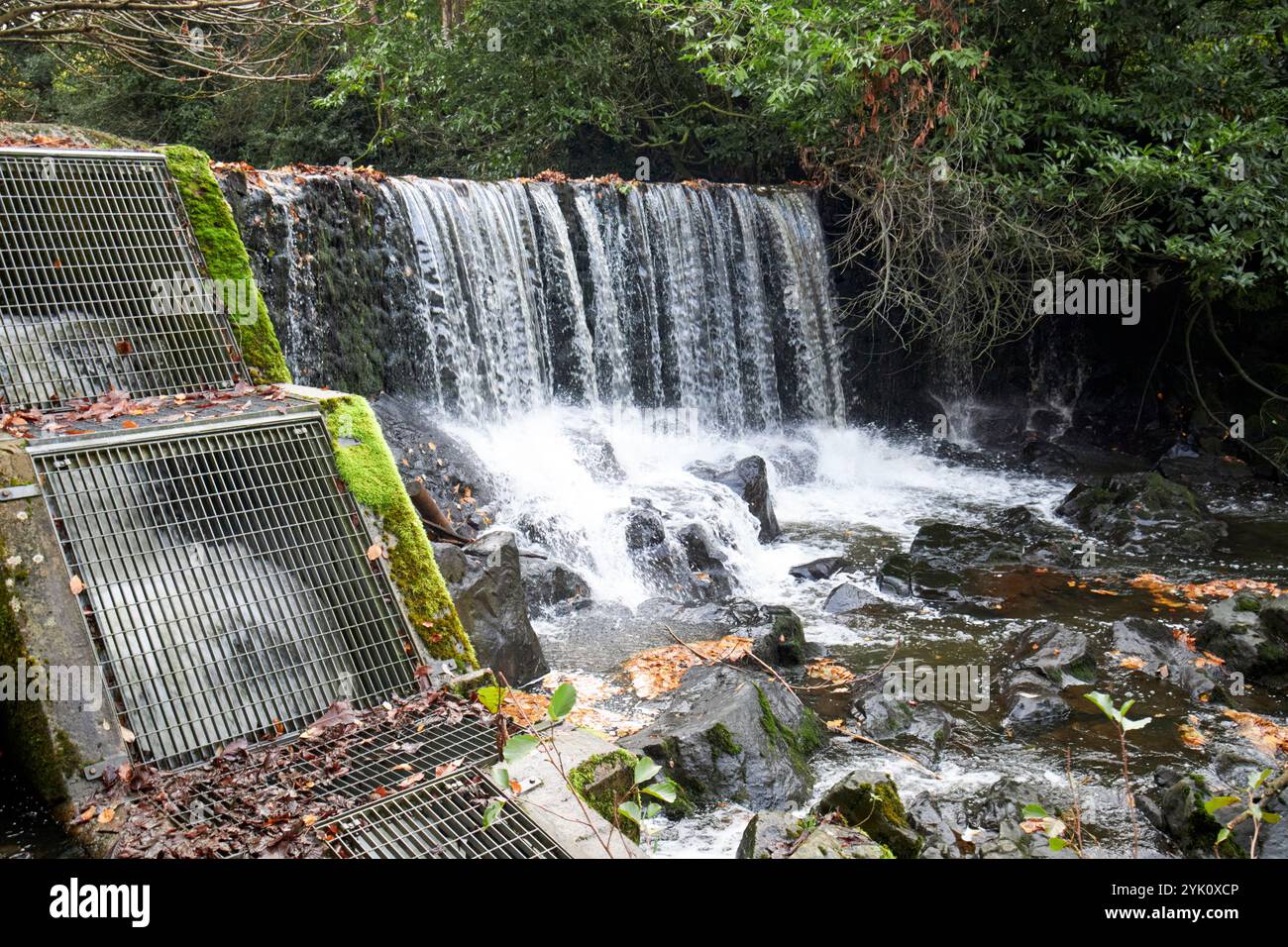 le déversoir et les poissons migrateurs contournent la rivière crumlin qui traverse crumlin glen, crumlin, comté d'antrim, irlande du nord Banque D'Images