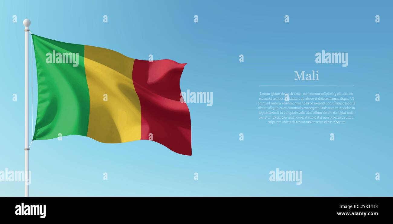 Agitant le drapeau du Mali sur un poteau avec un fond de ciel bleu avec copyspace Illustration de Vecteur