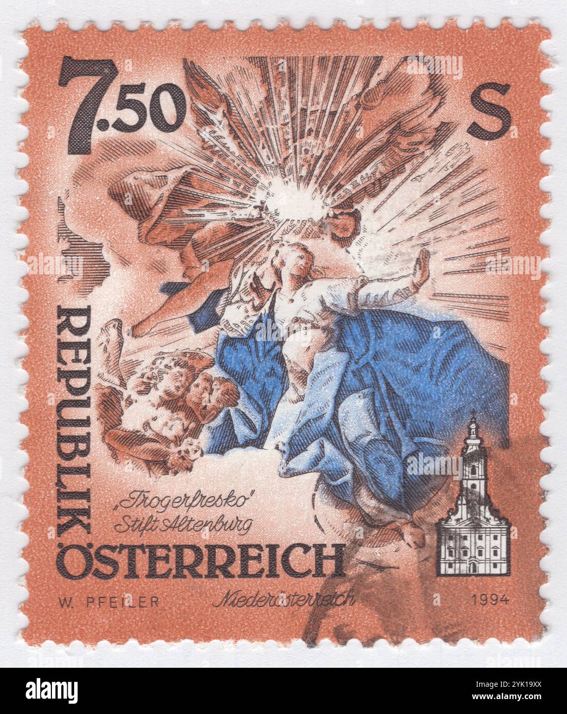 AUTRICHE - 1994 avril : timbre-poste à 7,50 shilling représentant la fresque de la coupole, par Paul Troger, dans l'abbaye d'Altenburg est un monastère bénédictin d'Altenburg, en basse-Autriche Banque D'Images