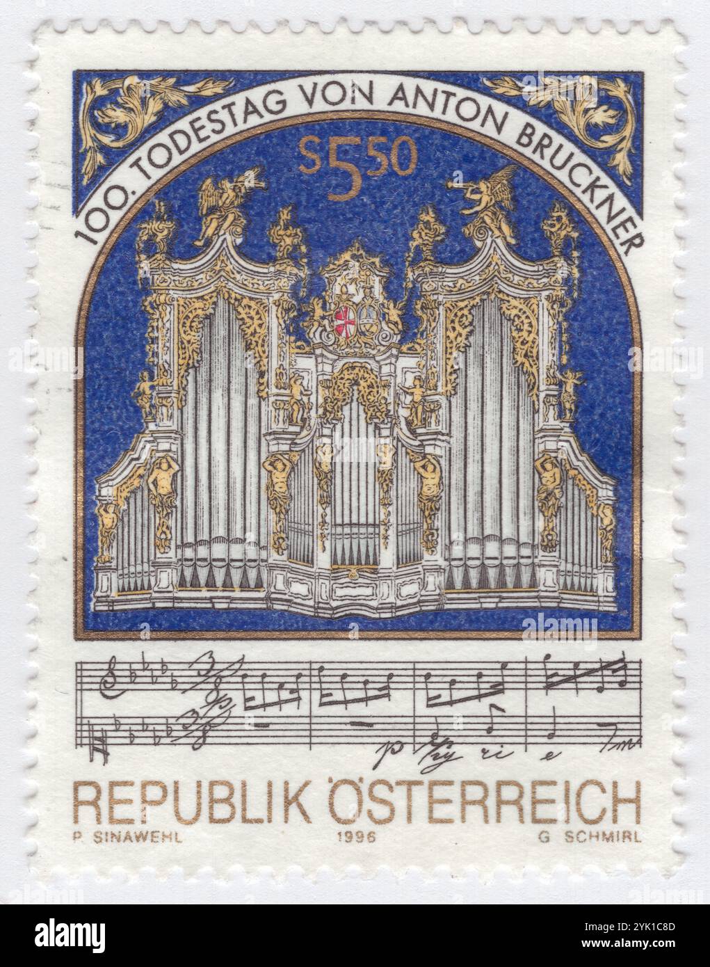 AUTRICHE - 1996 avril 26 : timbre-poste à 5,50 shillings représentant des notations d'orgue et de musique. Centenaire de la mort d'Anton Bruckner (1824-1896), compositeur, organiste. Il est compositeur et organiste surtout connu pour ses symphonies et sa musique sacrée, qui comprend messes, te Deum et motets. Les symphonies sont considérées comme emblématiques de la dernière étape du romantisme austro-allemand en raison de leur riche langage harmonique, de leur caractère fortement polyphonique et de leur longueur considérable. Les compositions de Bruckner ont contribué à définir le radicalisme musical contemporain, en raison de leurs dissonances, modulation non préparée Banque D'Images