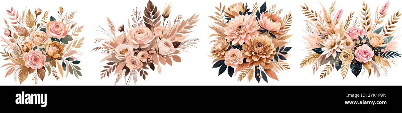 Ensemble de bouquet de mariage d'automne Boho Chic Illustration de Vecteur