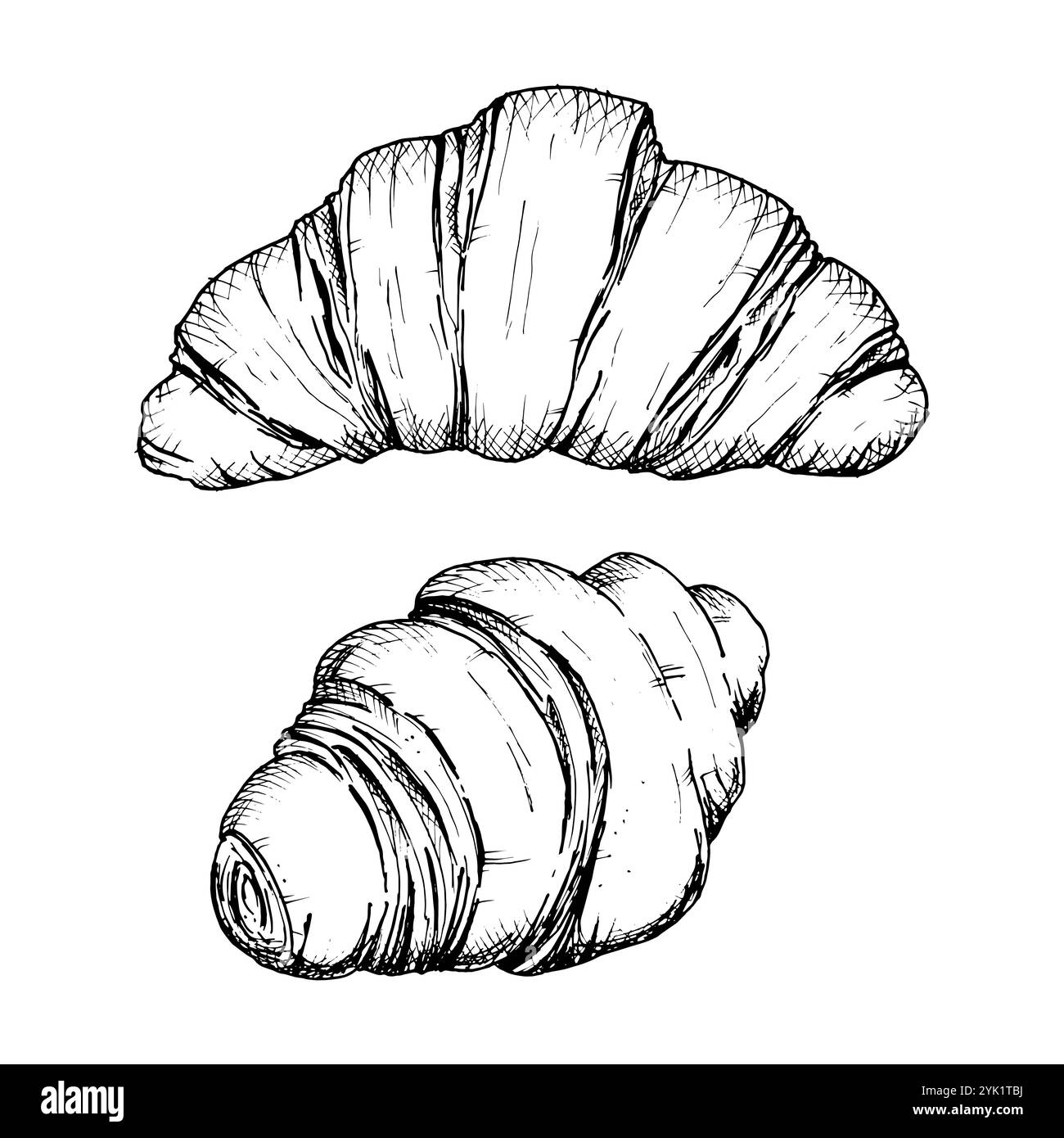 Ensemble d'illustration détaillée dessinée à la main de croissants. Croquis vectoriels en noir et blanc d'une pâtisserie française feuilletée en couches. Parfait pour la boulangerie Illustration de Vecteur