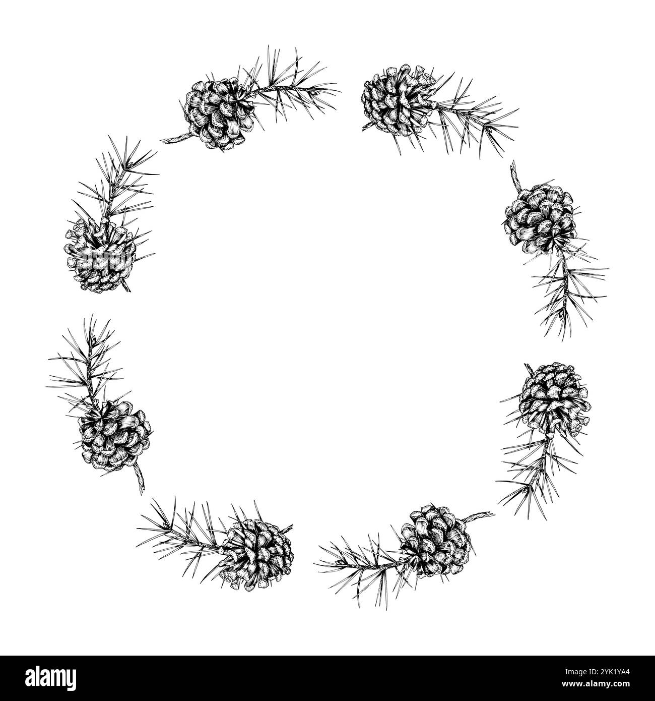 Couronne vectorielle dessinée à la main détaillée de branches et de cônes de pin. Cadre circulaire. Idéal pour les designs de vacances de Noël, invitations à thème d'hiver et Illustration de Vecteur