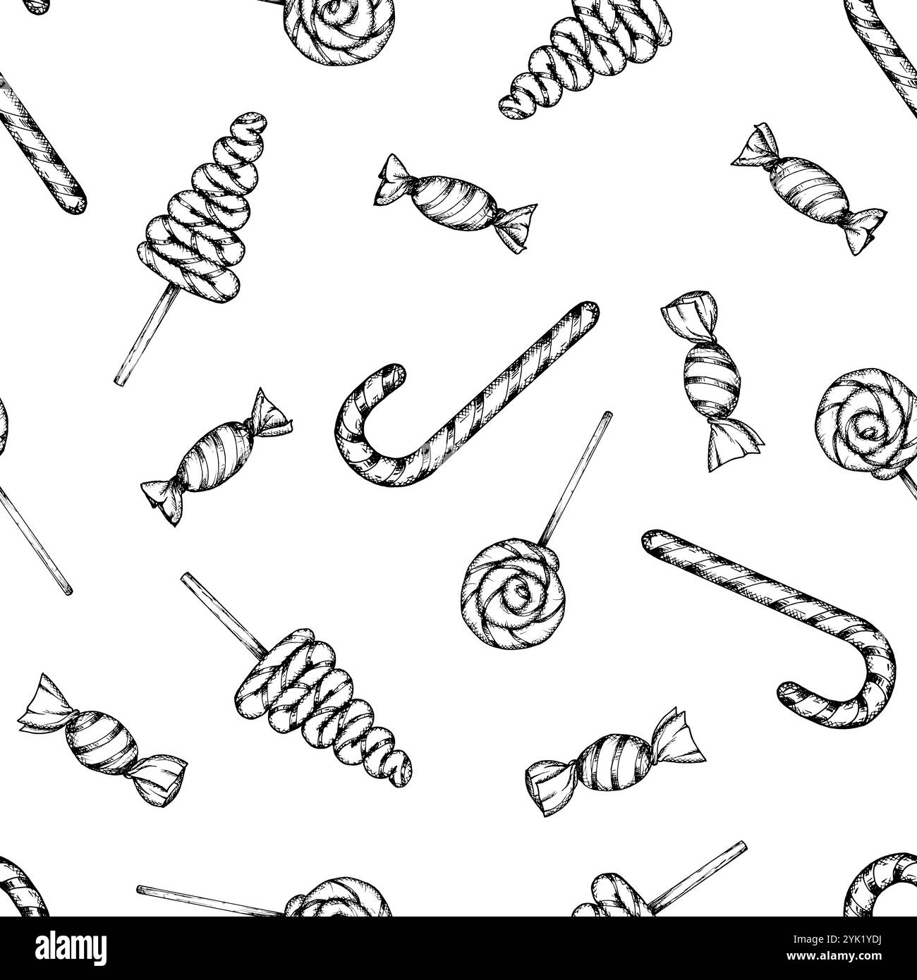 Motif d'encre dessiné à la main par vecteur sans couture de sucettes et de cannes de bonbon. Fond de bonbons festifs pour les conceptions de Noël, impressions pour les confiseurs Illustration de Vecteur