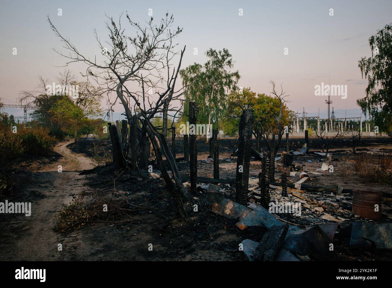 Terre brûlée. Débris brûlés de maisons et d'arbres. Concept de guerre ou d'après-feu. Banque D'Images