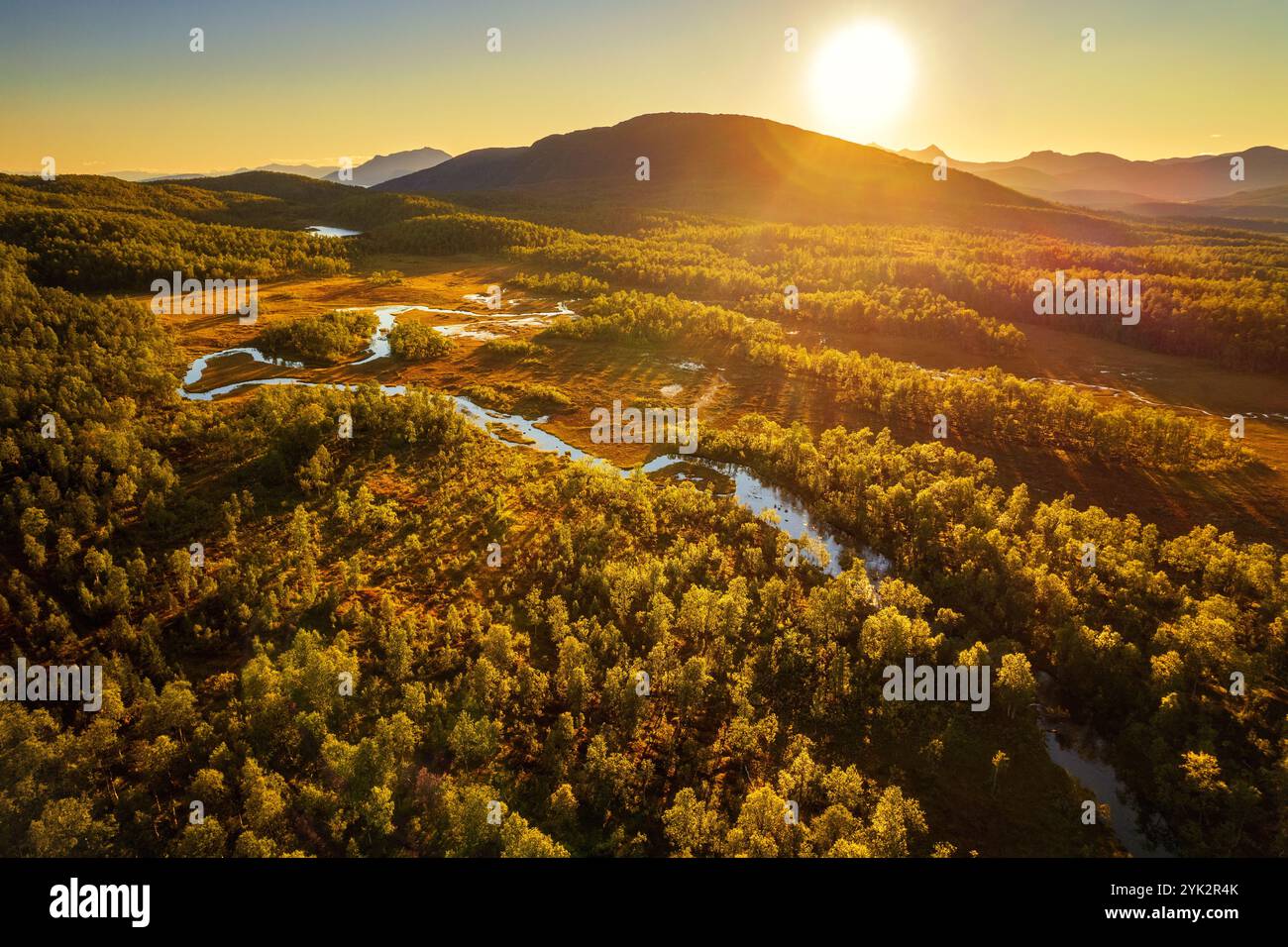 Été, vue aérienne, rivière, lac, Senja, Skaland, Norvège, Europe Banque D'Images