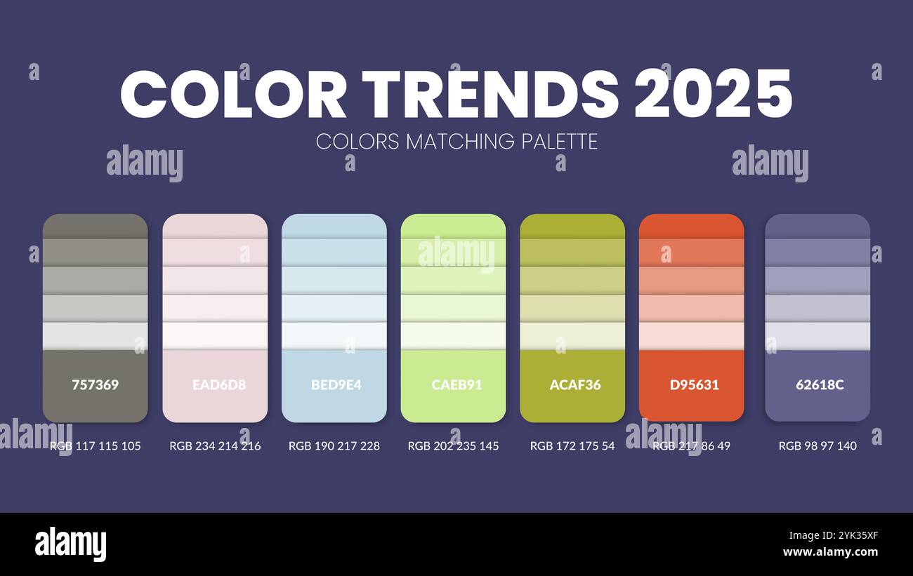 Tendances de couleur 2025 palettes de couleurs ou schémas de couleurs sont des combinaisons de tendances et des guides de palette cette année, un tableau des nuances de couleur en RVB ou HEXADÉCIMAL. Changement de couleur Illustration de Vecteur