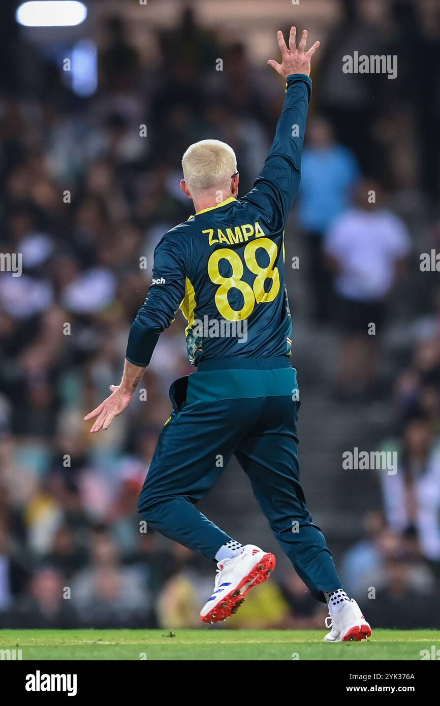 Sydney, Australie. 16 novembre 2024. Adam Zampa d'Australie lance un appel sans succès pour une LBW lors du deuxième match masculin T20I entre l'Australie et le Pakistan au Sydney Cricket Ground. L'Australie a remporté le deuxième match T20I contre le Pakistan en 13 courses au Sydney Cricket Ground. L'Australie mène la série T20 2-0 avec le dernier match T20 qui se jouera le 18 novembre au Bellerive Oval en Tasmanie. Australie : 147/9 (20 overs), Paklistan : 134/10 (19,4 overs). (Photo de Ayush Kumar/SOPA images/SIPA USA) crédit : SIPA USA/Alamy Live News Banque D'Images