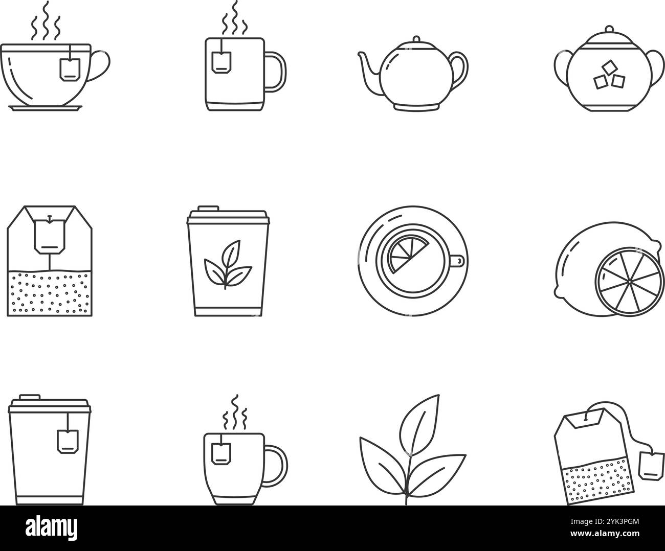 12 icônes de ligne de thé - sachets de thé, tasses et tasses à thé, feuilles, citron, sucre, théière, illustration vectorielle eps10 Illustration de Vecteur