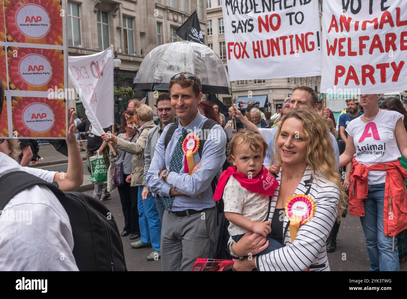 Londres, Royaume-Uni. 29 mai 2017. Le professeur Andrew Knight (Maidenhead) et la chef du parti Vanessa Hudson (Hackney South et Shoreditch), candidats du Parti pour le bien-être animal, marchent à travers Londres d'un rassemblement à Cavendish Square à un autre à Downing St pour dire à Theresa May que le public est contre un vote au Parlement sur le projet de loi sur la chasse au renard. Knight se présente contre May à Maidenhead, et le parti a un total de quatre candidats. Les sondages montrent que plus de 80% de la population des villes et des zones rurales sont contre la levée de l'interdiction et beaucoup seraient favorables à des mesures plus fortes et à une application correcte de l'interdiction Banque D'Images