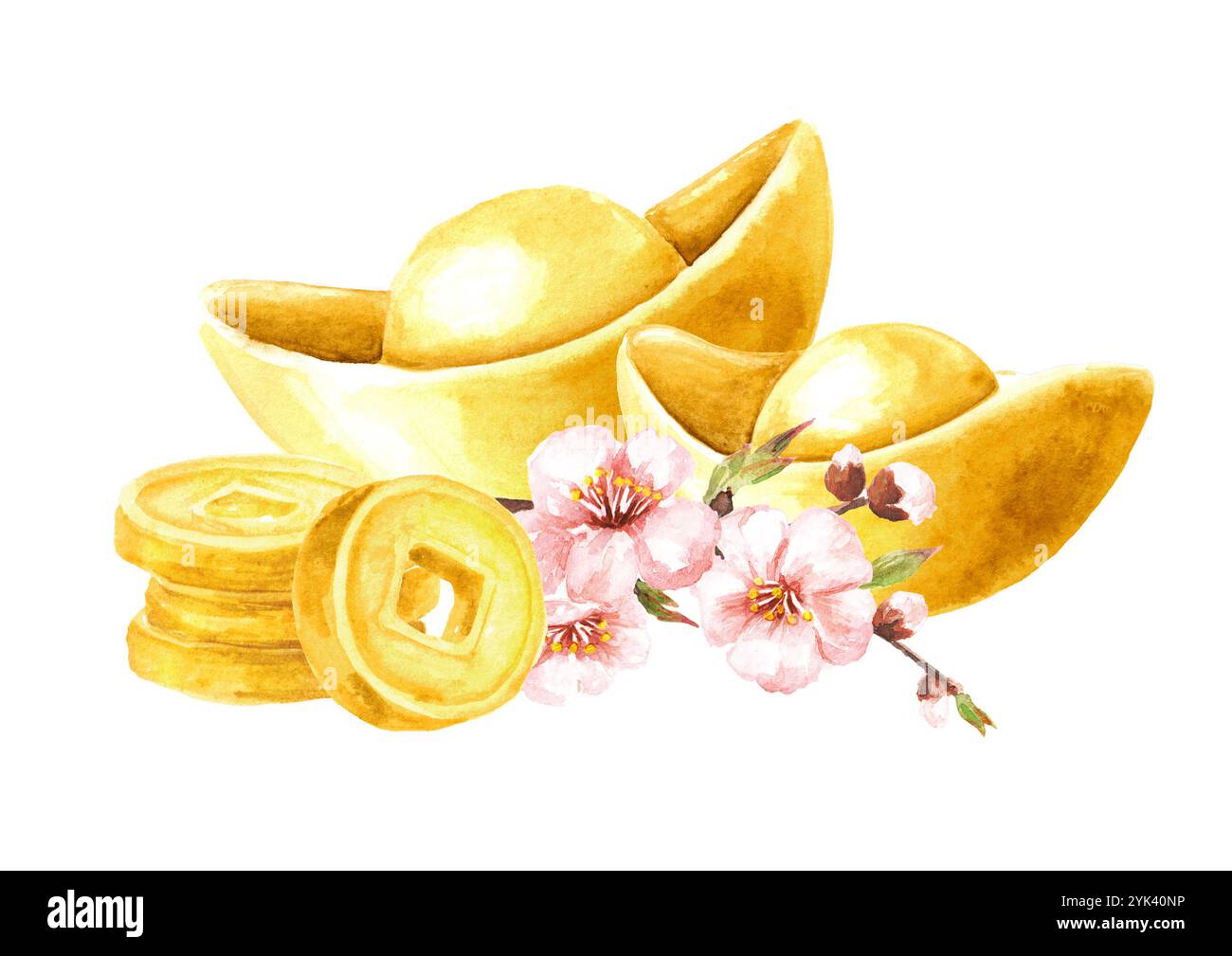 Lingots d'or du nouvel an chinois Yuan Bao With Golden coins. Symbole de richesse, abondance et chance monétaire dans le Feng Shui. Aquarelle dessinée à la main illustrat Banque D'Images