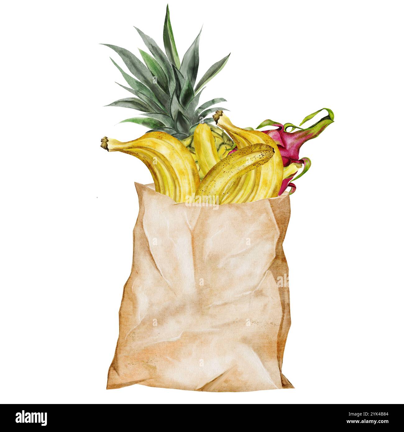 Sac en papier avec aquarelle de fruits. Emballage artisanal dessiné à la main avec des bananes, ananas et fruits darkonim. Pince pour aliments Idéal pour les autocollants alimentaires Banque D'Images