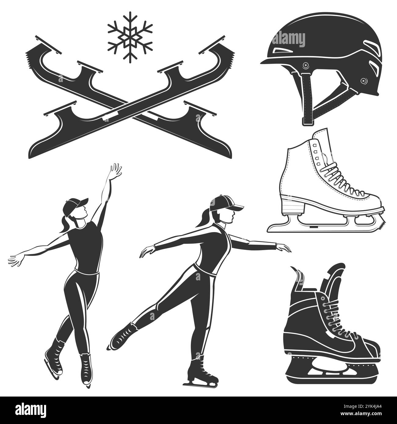 Ensemble d'icône monochrome de patinage sur glace. L'ensemble comprend patin à glace, lames de patins, casque, silhouette de patineurs artistiques. Sports d'hiver. Illustration vectorielle. Illustration de Vecteur