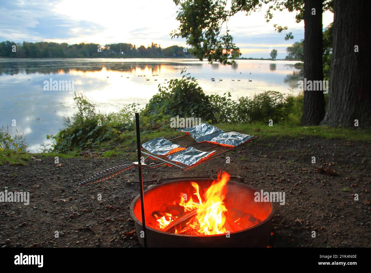 Feuilles de cuisson au-dessus d'un feu ouvert au camping Banque D'Images Feuilles de cuisson au-dessus d'un feu ouvert au camping Banque D'Images
