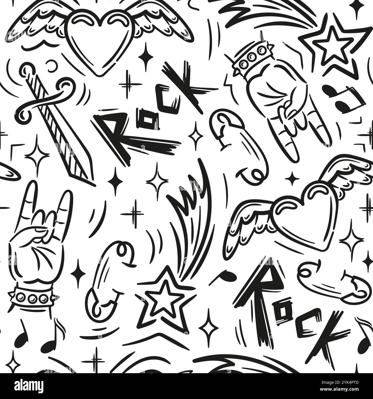 Modèle sans couture avec attributs de rock dur. Sous-culture informelle, freak. Dessin d'esquisse, style griffonnage. Heavy metal, musique. Pour festival de musique Illustration de Vecteur