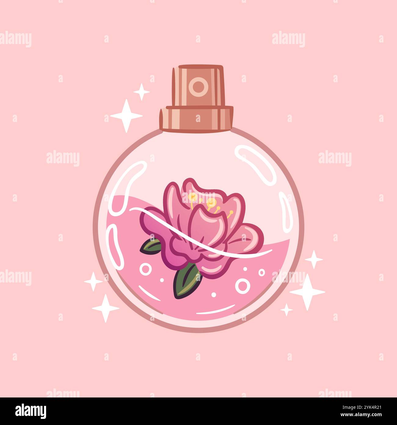 Un élégant flacon de parfum vintage kawaii avec un design de pivoine exquis. Arôme floral. Illustration vectorielle dans le style esquisse. Pour autocollant, emballage Illustration de Vecteur