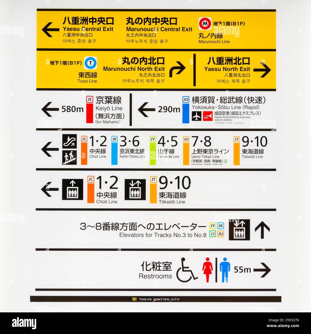 Panneaux de direction de la gare de Tokyo indiquant les directions vers les différentes sorties, quais, lignes de chemin de fer, ascenseurs et toilettes. Les lignes sont codées par couleur. Banque D'Images