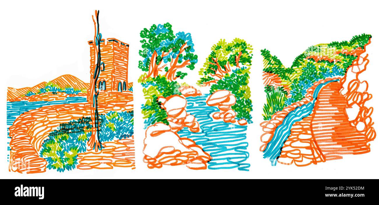 Croquis d'un paysage avec un château, une rivière et un point de route dans le sud-est de la France. Dessiné à la main. Illustration colorée avec stylo de dessin. Banque D'Images