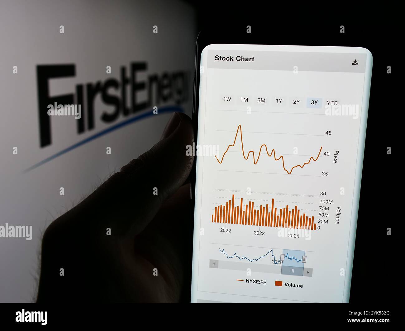 Dans cette illustration photo, un téléphone portable est vu affiché avec le site Web de la société américaine de services publics d'électricité FirstEnergy Corp. devant le logo. Banque D'Images