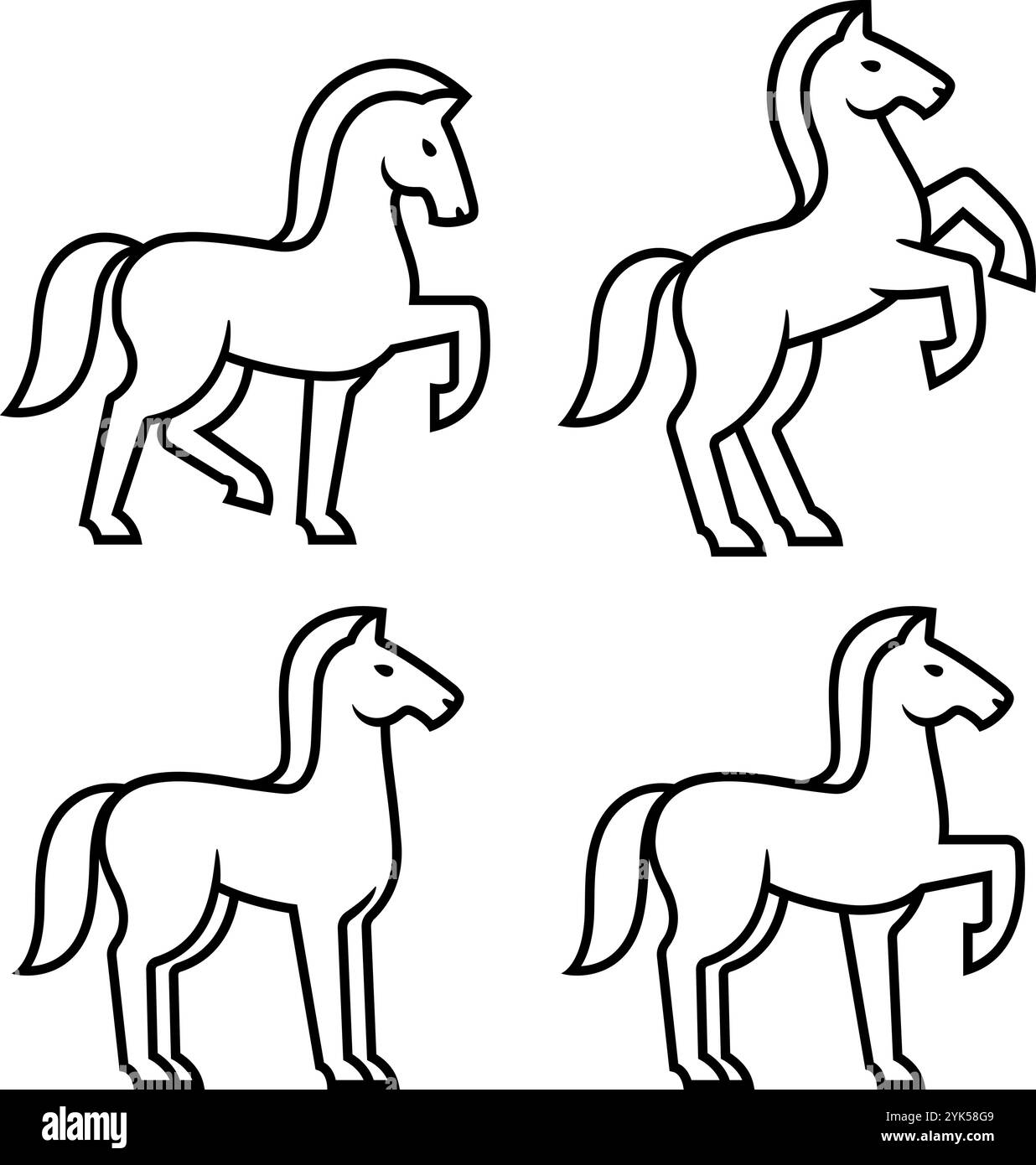 Jeu d'icônes de cheval stylisé, quatre chevaux dans des poses différentes. Illustration vectorielle, emblème ou élément de conception de logo. Illustration de Vecteur