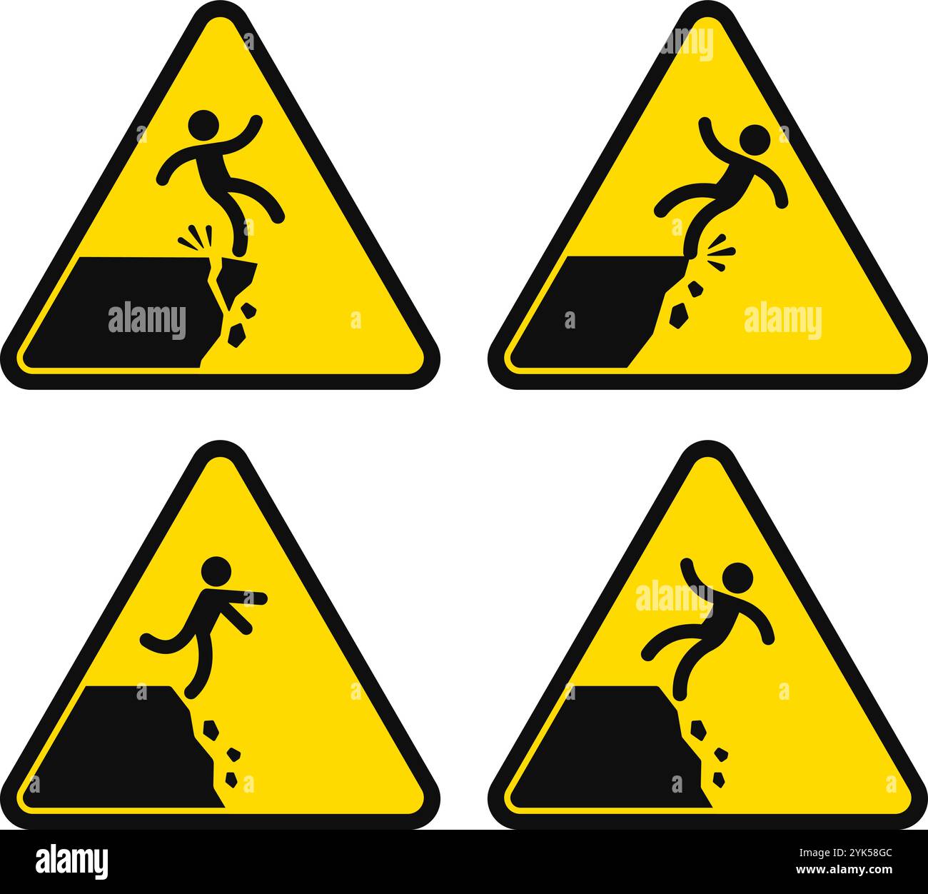Ensemble de panneaux de danger de chute de falaise. Forme de triangle jaune. Bord de falaise instable, pente en ruine, risque de trébuchement. Vecteur de silhouette noir et blanc il Illustration de Vecteur