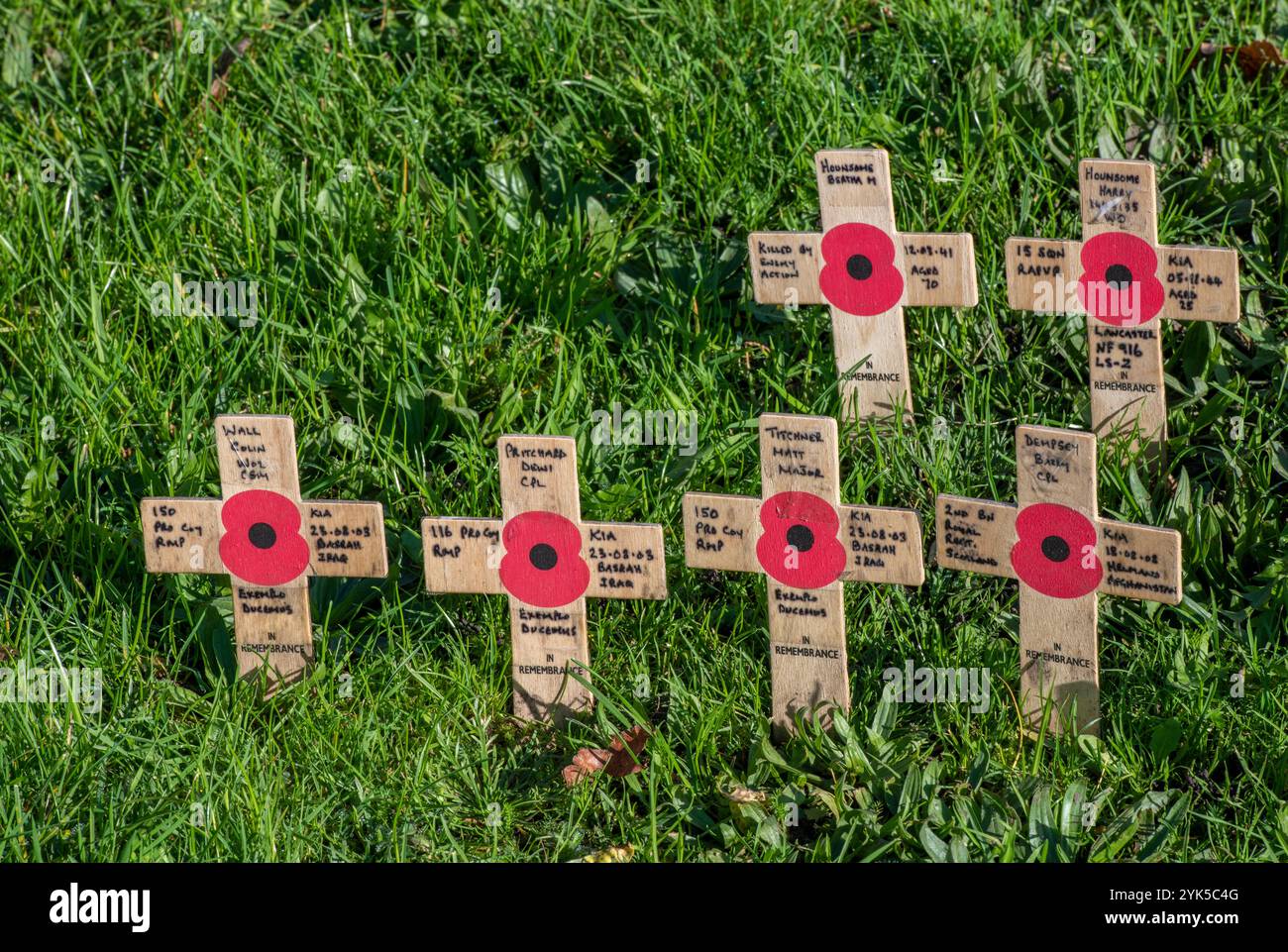 le souvenir traverse dans un jardin commémoratif de l'église pour commémorer les morts lors des 2 guerres mondiales et autres conflits. croix en bois avec coquelicots. Banque D'Images