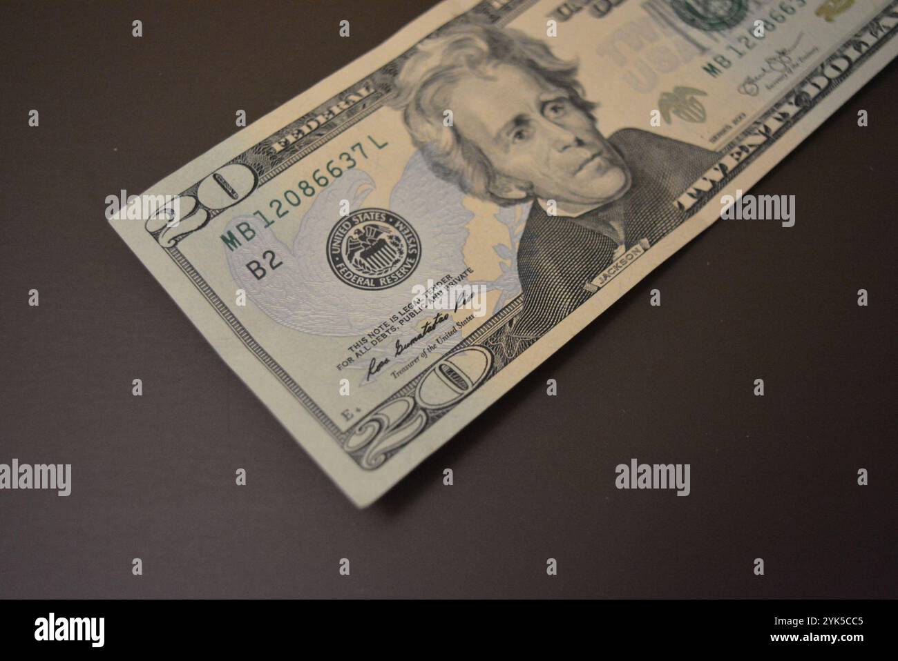 Économie, finance, littératie financière dollars américains $ 20 USD sous forme de papier sont sur un fond mat brun. Banque D'Images