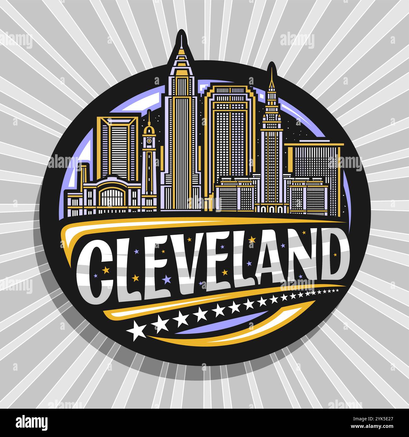 Logo vectoriel pour Cleveland, étiquette de cercle noir avec illustration de contour du paysage urbain de cleveland sur fond de ciel nocturne, réfrigérateur de conception d'art Illustration de Vecteur