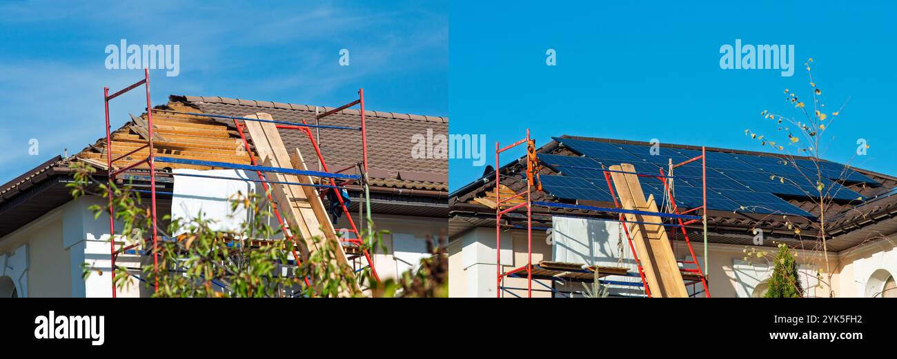 Procédé d'installation de panneaux solaires sur un toit, présentation avant et après les étapes. Banque D'Images
