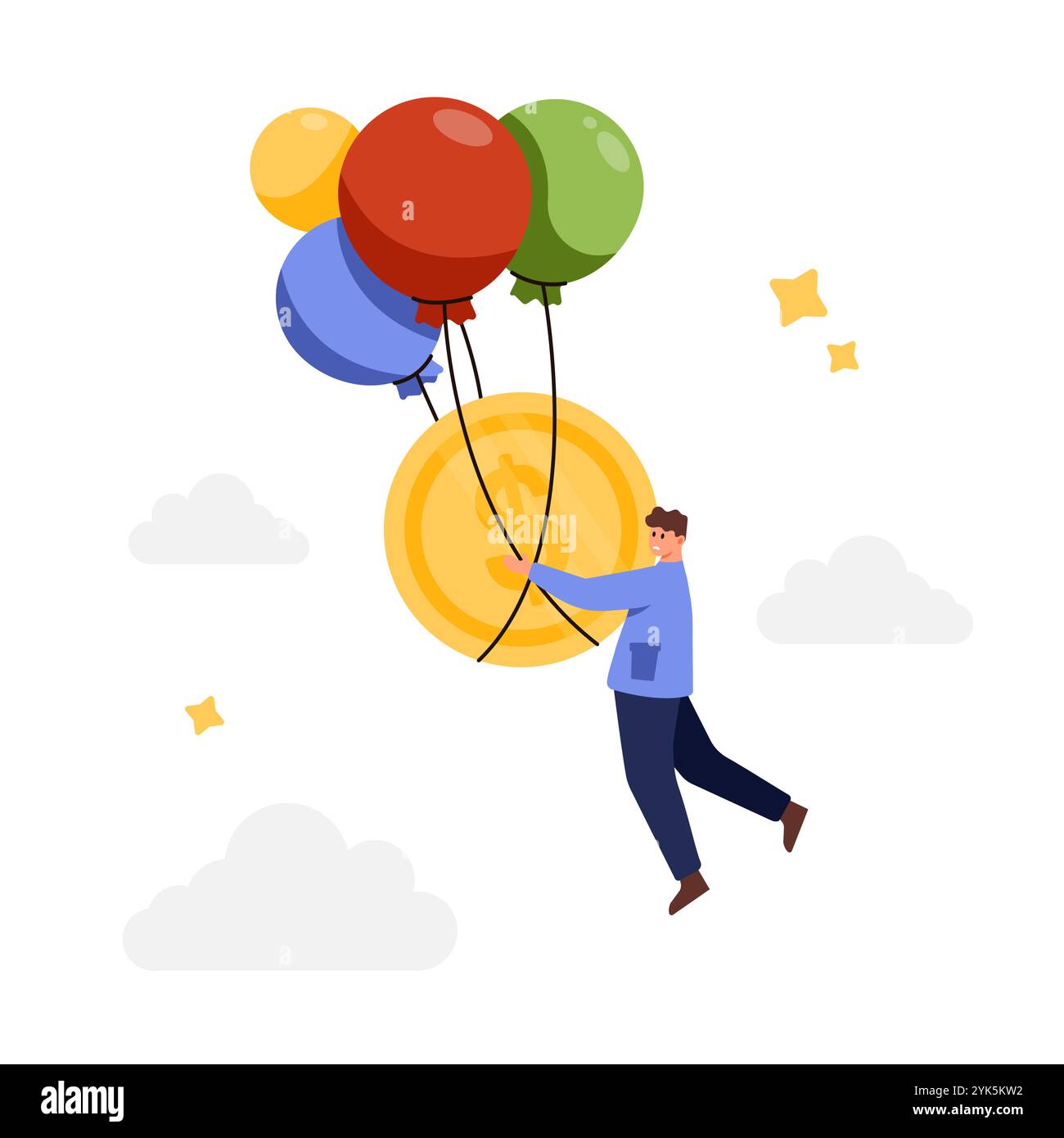 Crise économique, inflation, spéculation et risque d'augmentation des prix pour le consommateur. Minuscule homme avec la peur volant sur des ballons à air, homme d'affaires tenant la grande illustration vectorielle de dessin animé de pièce de dollar d'or Illustration de Vecteur