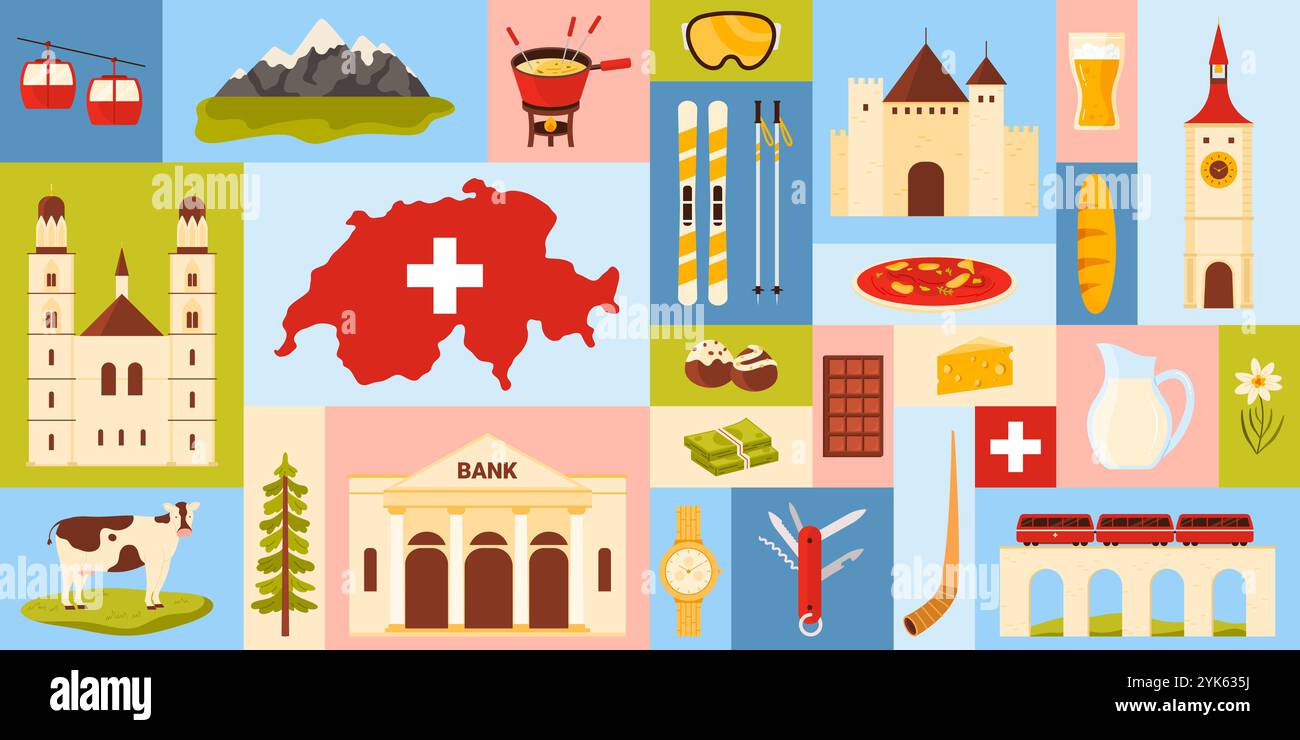 Voyage en Suisse, conception de bannières infographiques géométriques avec la culture et l'architecture suisses, les symboles nationaux et la nourriture. Carte avec drapeau, viaduc avec train, illustration vectorielle de dessin animé de vache Illustration de Vecteur