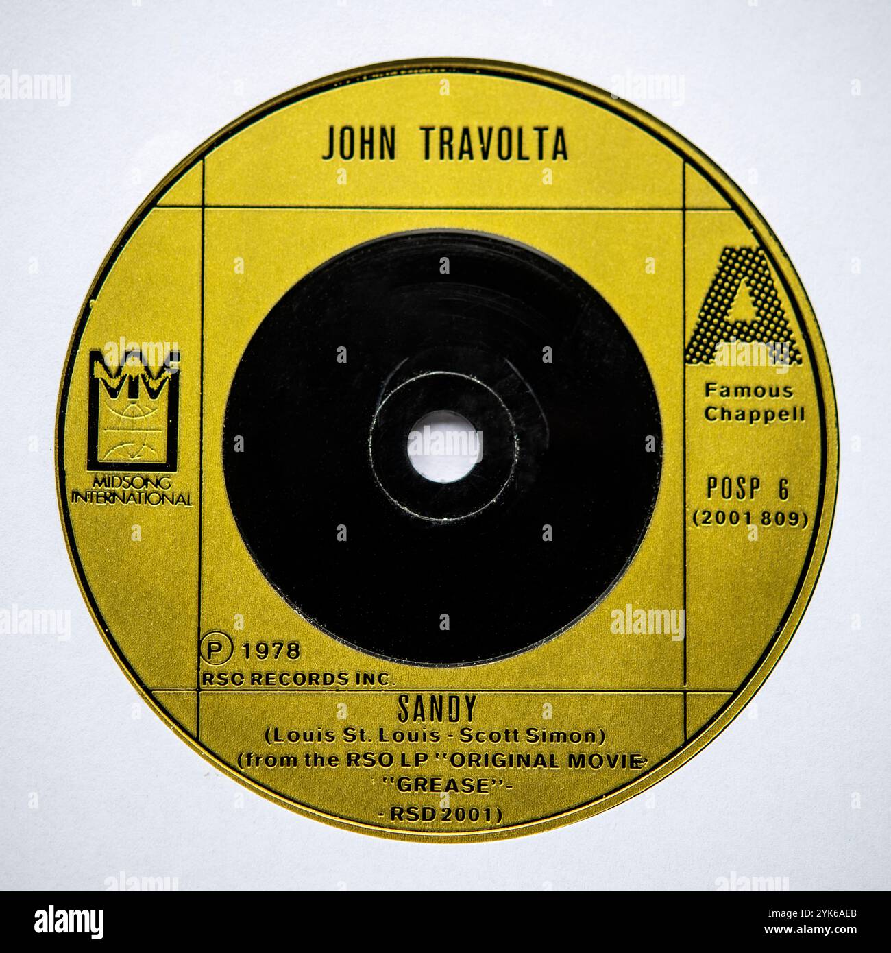 Label central de la version single de sept pouces de Sandy de John Travolta (tirée de la bande originale du film Grease), qui est sortie en 1978 Banque D'Images