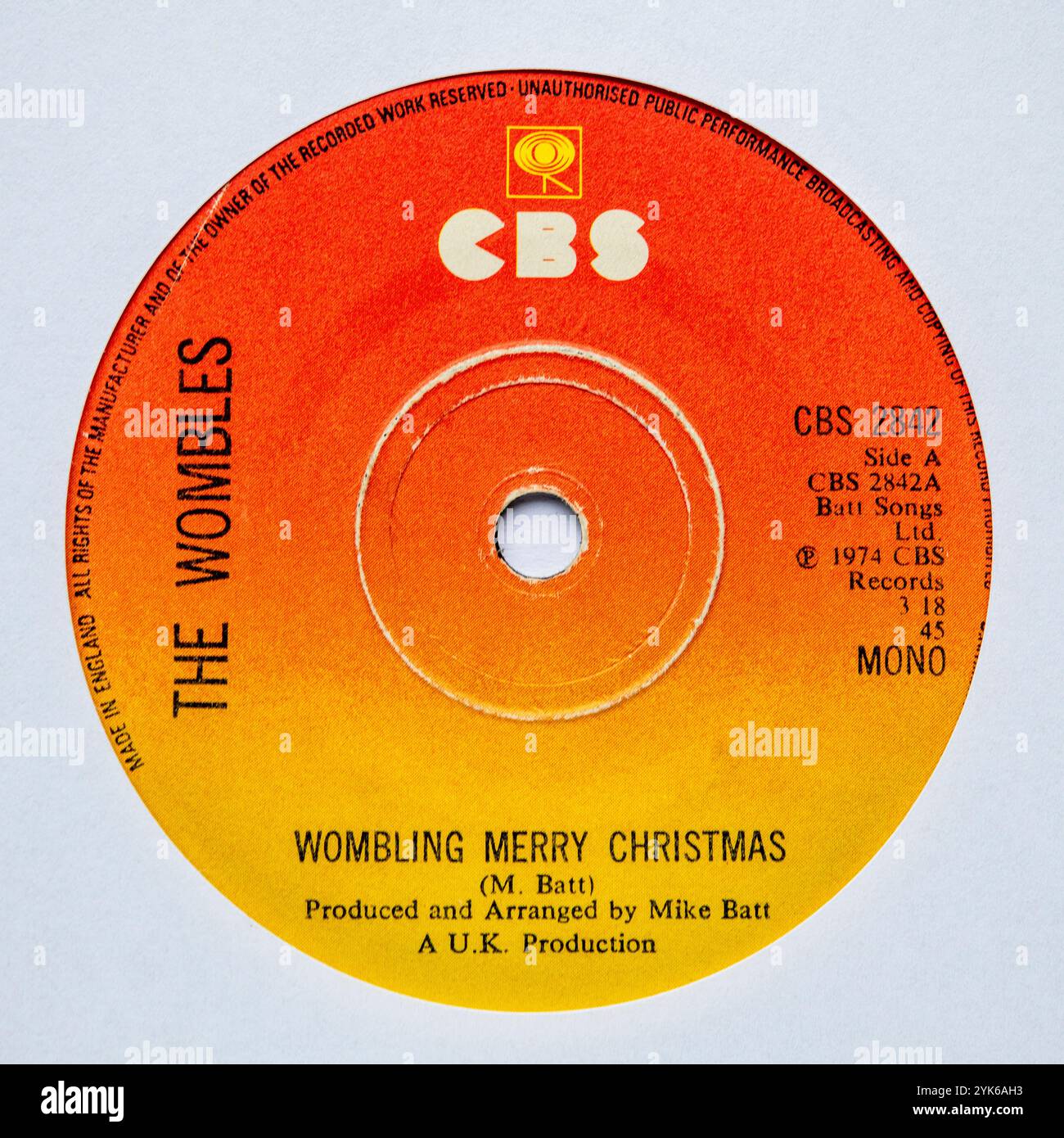 Label central de la version vinyle de sept pouces de Wombling Merry Christmas par The Wombles, qui est sortie en 1974 Banque D'Images