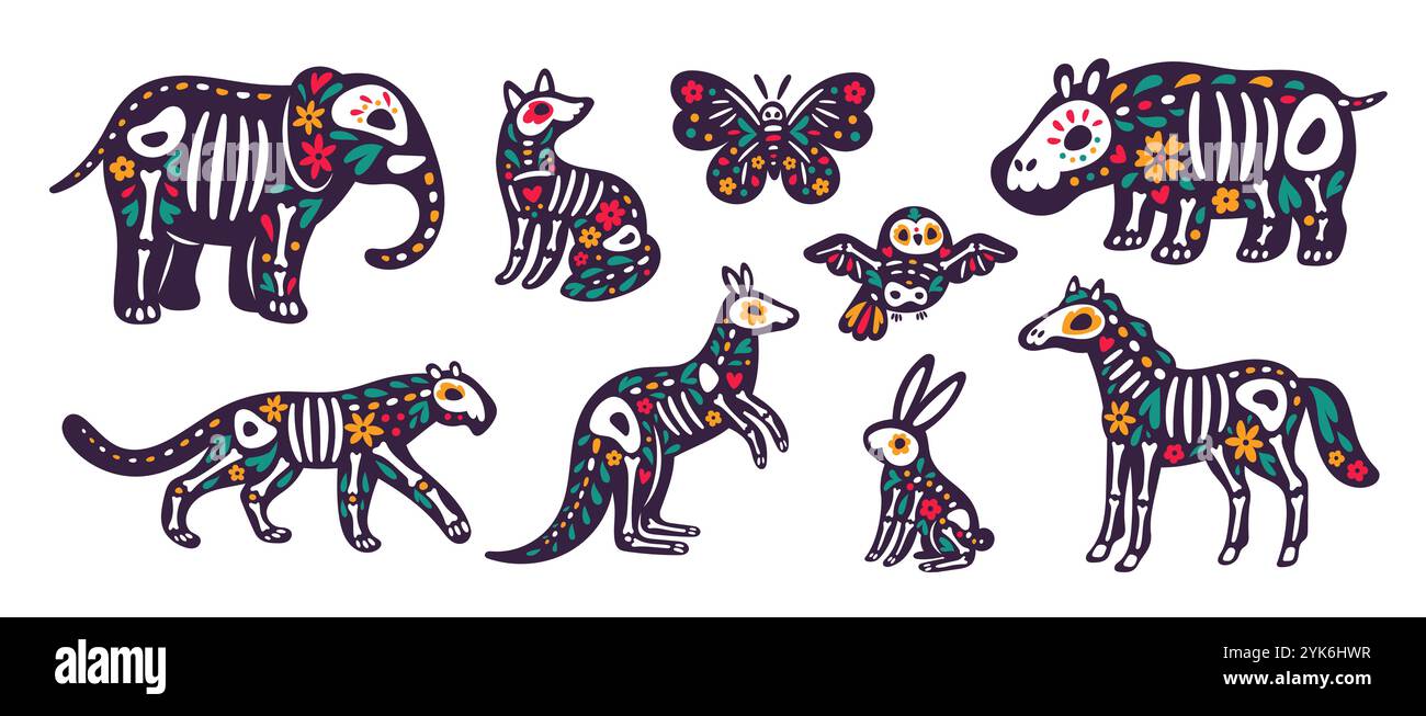 Dia de los muertos animaux. Jour mexicain des morts. Crânes et os avec fleurs décoratives. Personnages de faune. Squelettes d'éléphant et de tigre. Crâne de sucre Illustration de Vecteur