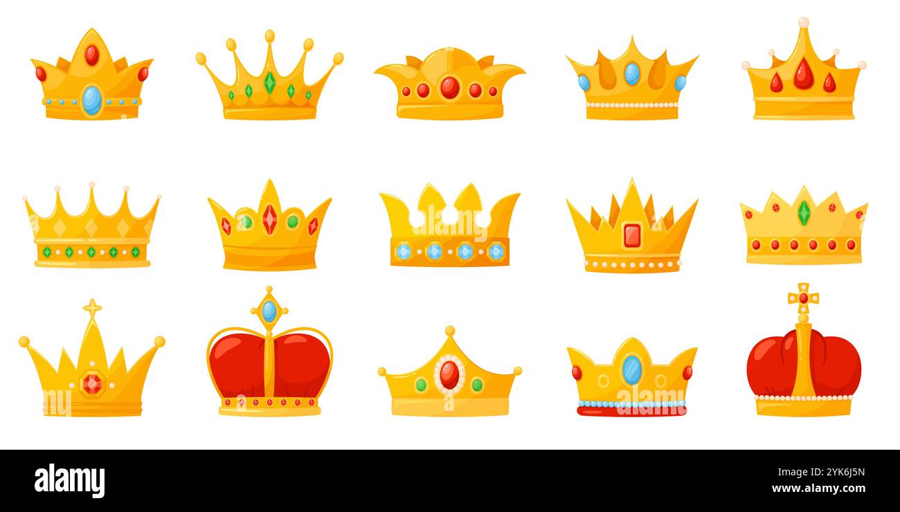 Couronnes dorées de dessin animé. Coronas royales avec pierres précieuses. Eléments monarchiques. Chapeaux en métal très précieux. Symboles impériaux du pouvoir. Reine bijoux Headwea Illustration de Vecteur