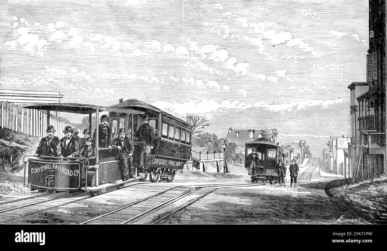 Le Clay Street Hill Railroad dans ses premières années, le Clay Street Hill Railroad a été le premier chemin de fer de rue à câble réussi. San Francisco Banque D'Images