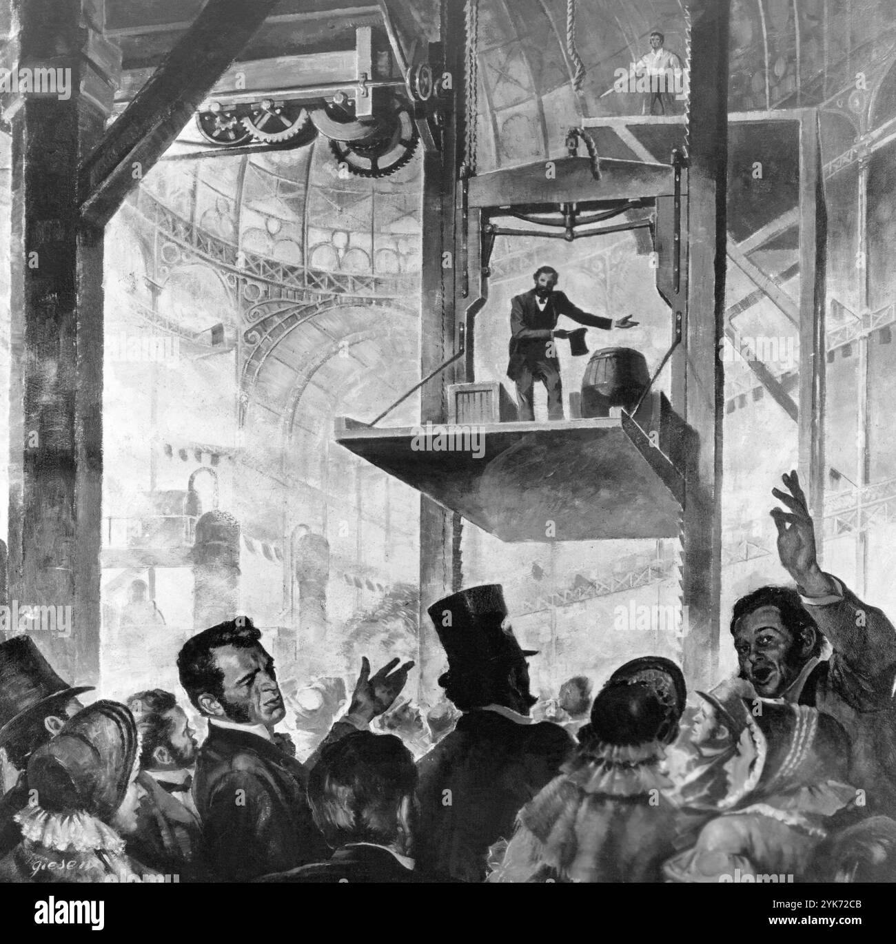 Elisha graves Otis, Elisha Otis Lift démonstration de sécurité en chute libre en 1853 Banque D'Images