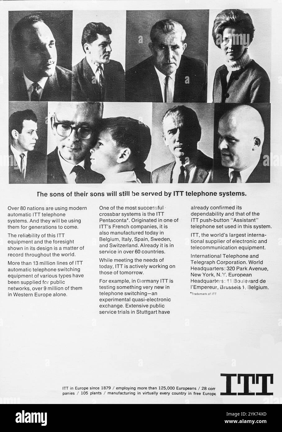 Une publicité de 1965 pour ITT- la société internationale de téléphone et télégraphe. La publicité comporte 8 photographies de personnes, sept hommes et une femme et déclare que les « fils de leurs fils seront toujours servis par ! Systèmes téléphoniques TT. Banque D'Images