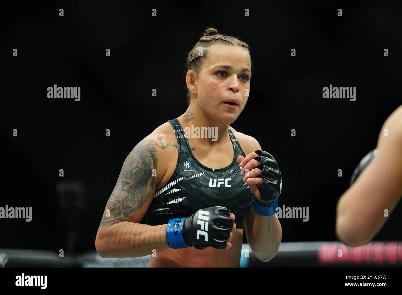 NEW YORK CITY, NY -16 NOVEMBRE : Veronica Hardy et Eduarda Moura se rencontrent dans l'octogone pour un combat de 3 tours pour UFC309 - Jones vs Miocic au Madison Square Garden le 16 novembre 2024 à New York City, NY (photo de Louis Grasse/PxImages) crédit : px images/Alamy Live News Banque D'Images